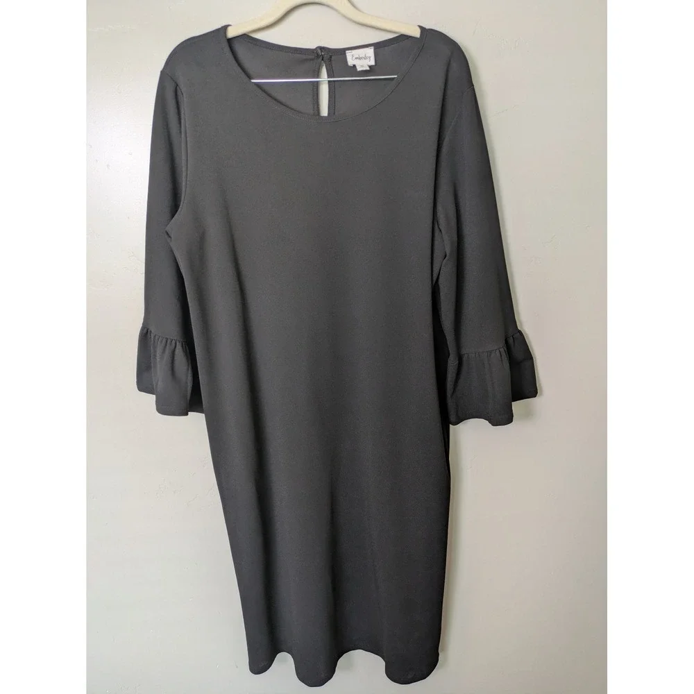 Emberley Shift Dress Women's XL Black Ruffle Bell Sleeve Round Neck Stretch‎